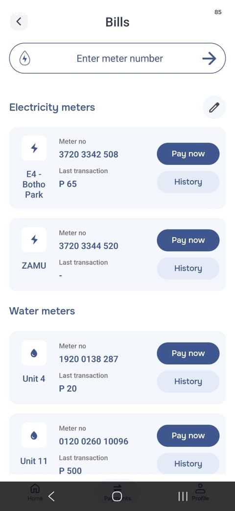 Bills screen listing electricity and water meters with Pay now and History buttons